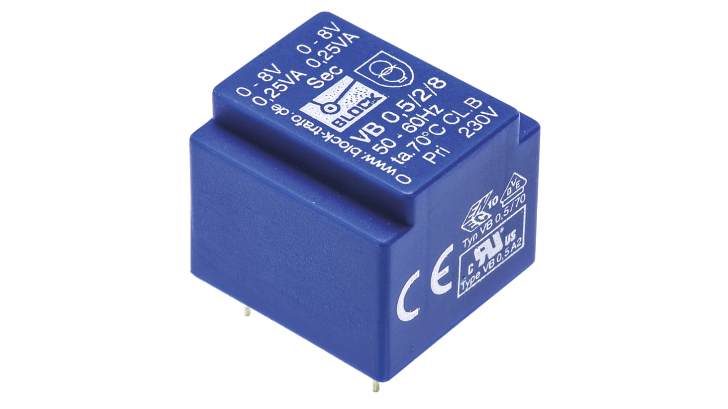 Block 8V ac 2 Output Through Hole PCB Transformer, 0.5VA