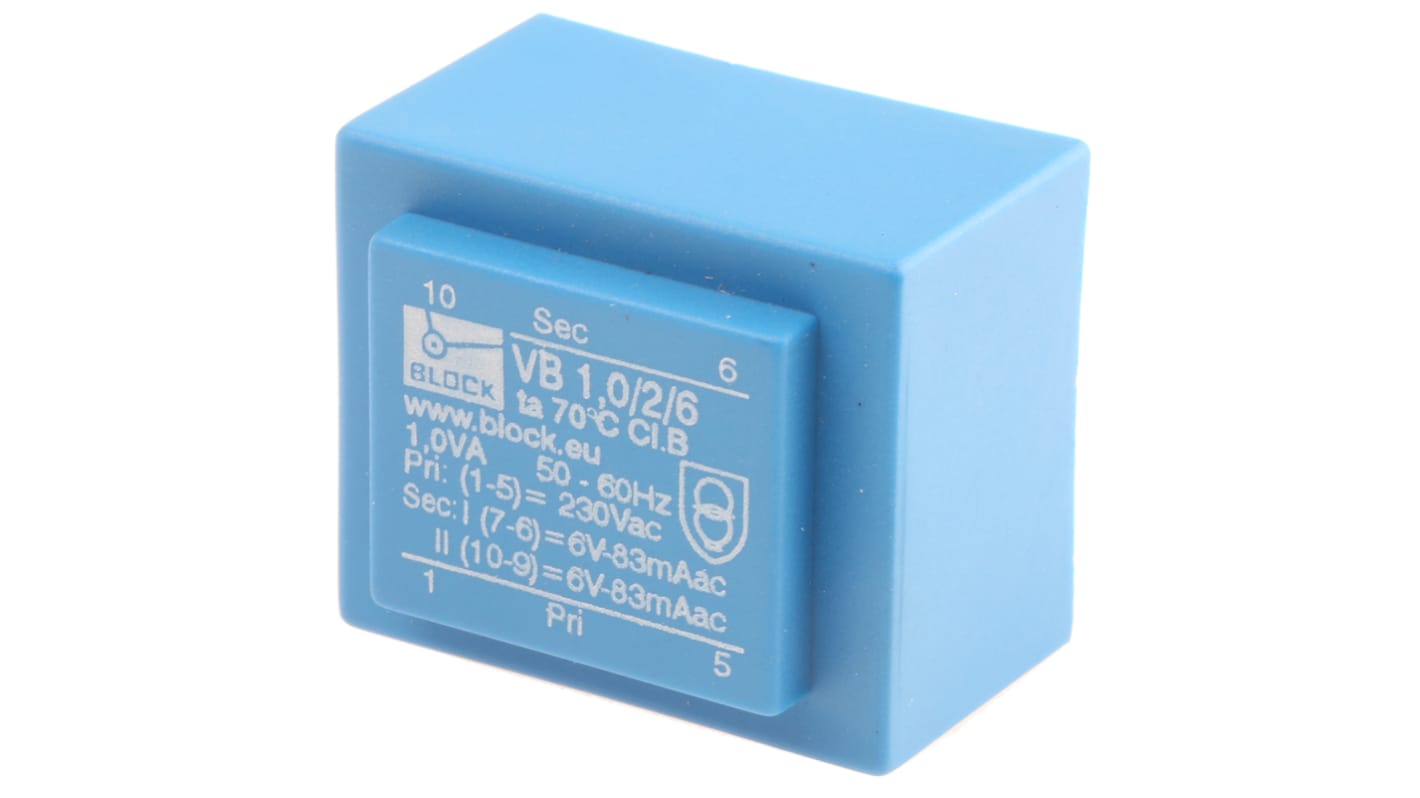 Block Printtrafo, Trafo 230V ac / 6V ac 1VA 2 Ausg. 32.3mm x 21.8mm x 27.3mm 72g Durchsteckmontage