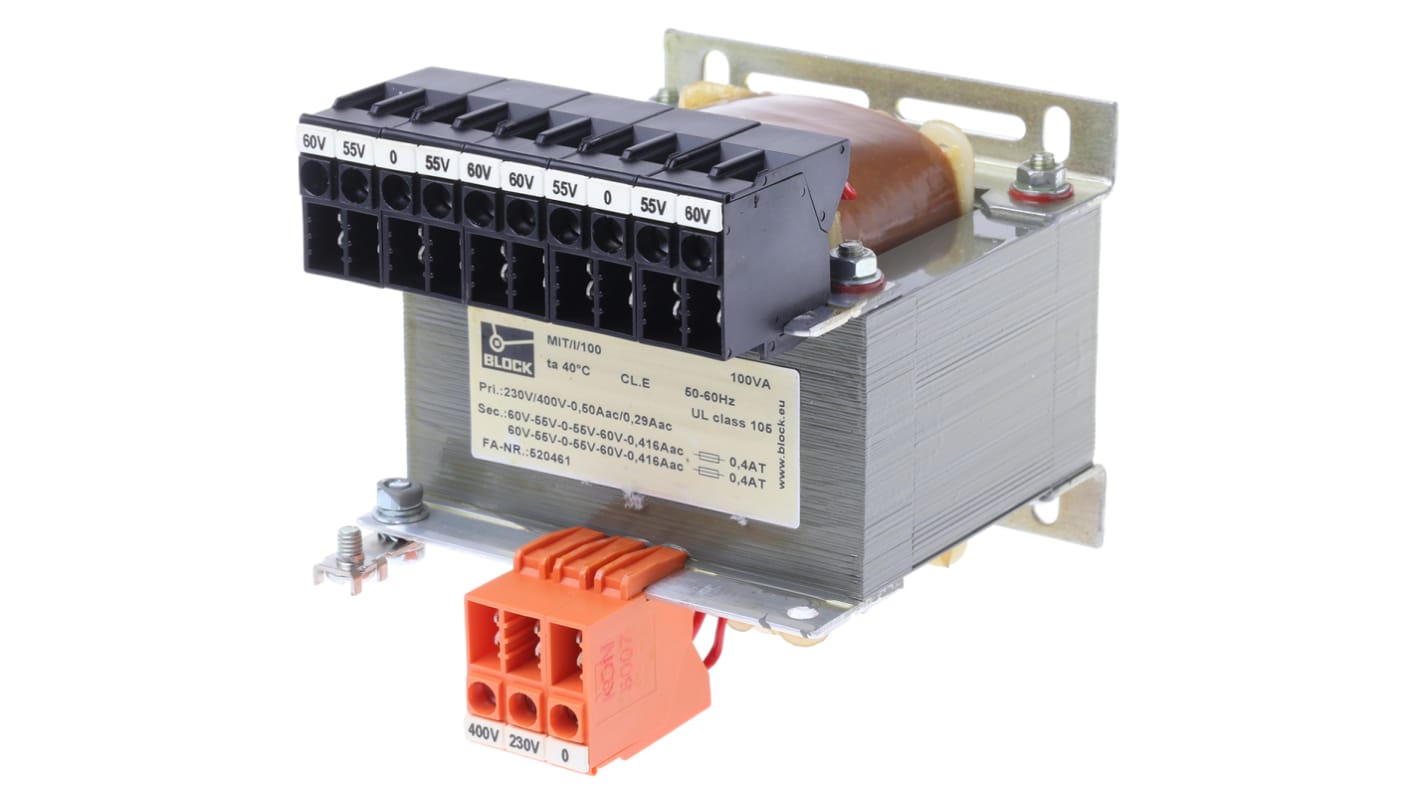 Block 100VA DIN Rail Transformer, 230V ac, 400V ac Primary, ±110V ac, ±120V ac, ±55V ac, ±60V ac Secondary