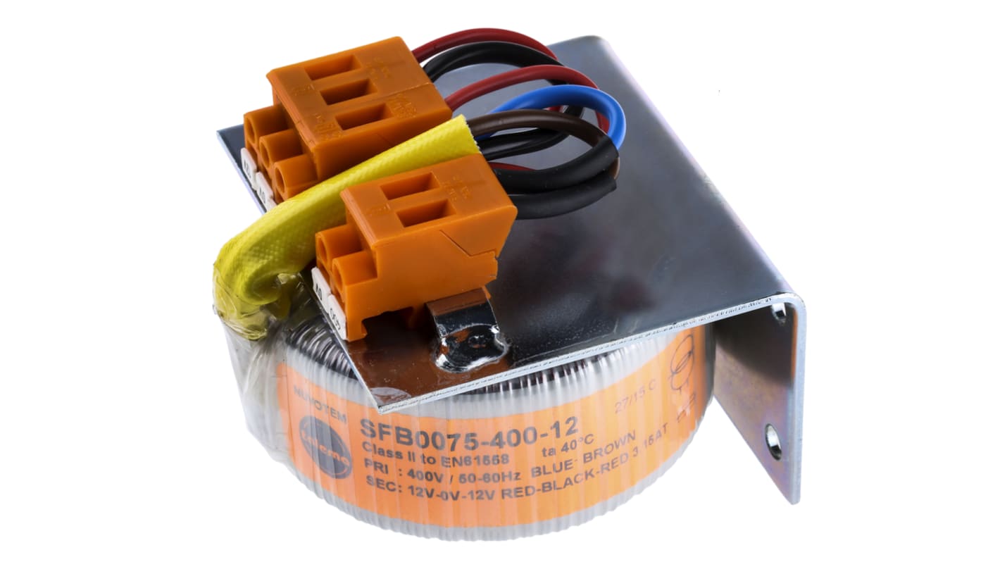 Transformador toroidal Nuvotem Talema, SFB0075-400-12, Tensión ±12V ac, Potencia 75VA, 1 salida, Panel