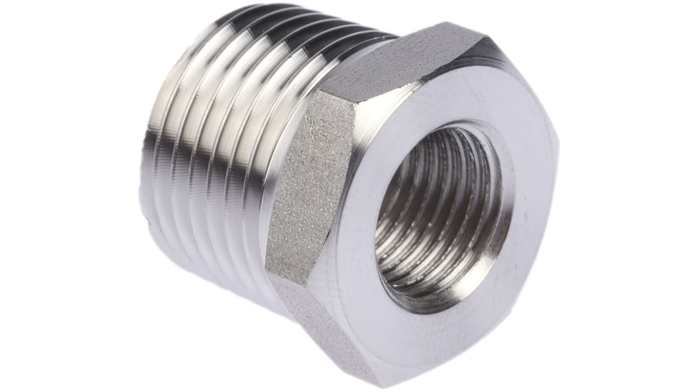 Legris Stainless Steel Pipe Fitting, Straight Hexagon Reducer, Male R 1/2in x Female G 1/4in