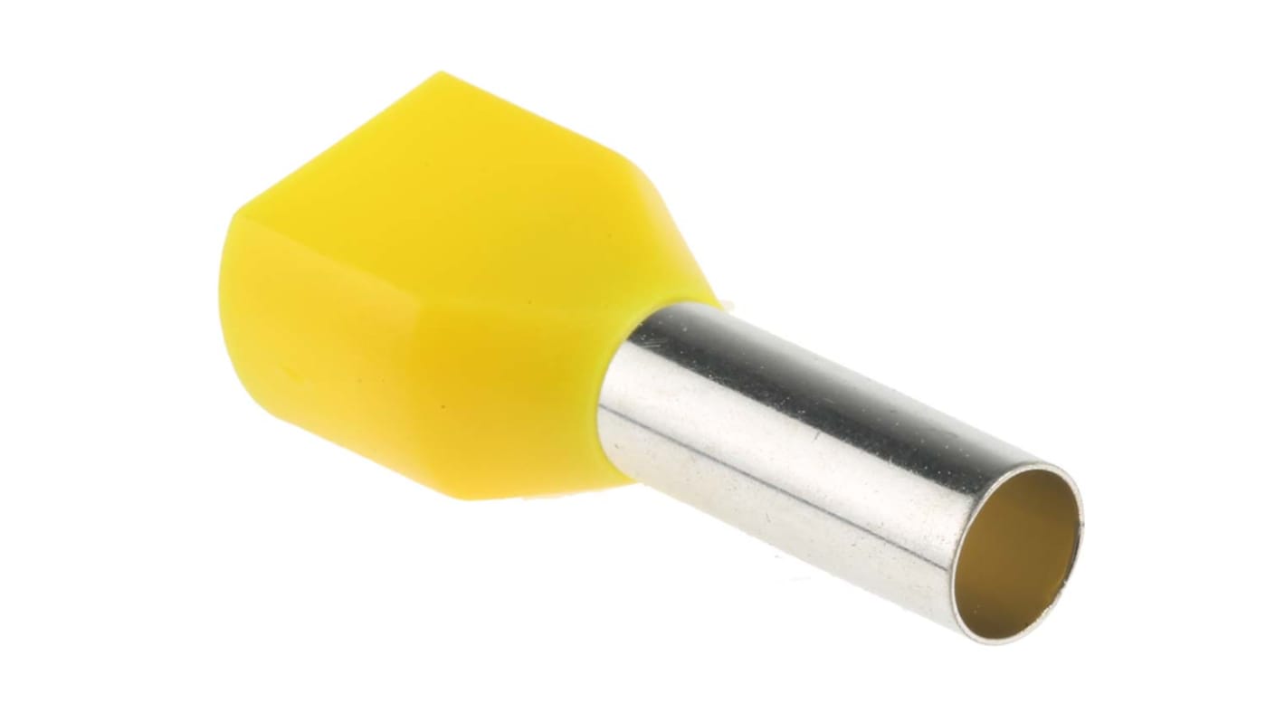 RS PRO Insulated Crimp Bootlace Ferrule, 14mm Pin Length, 4.9mm Pin Diameter, 2 x 6mm² Wire Size, Yellow