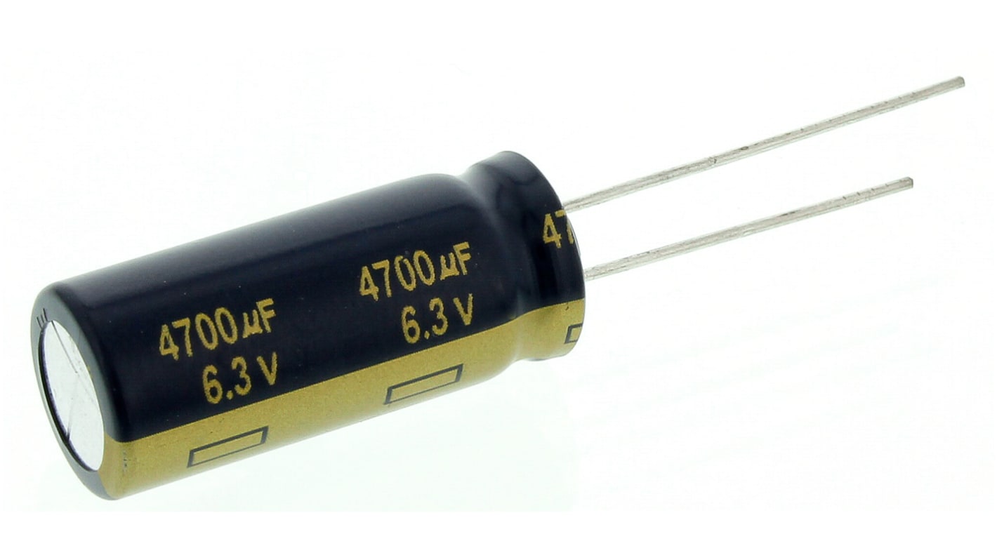 Condensador electrolítico Panasonic serie FC, 4700μF, ±20%, 6.3V dc, Radial, Orificio pasante, 12.5 (Dia.) x 30mm, paso