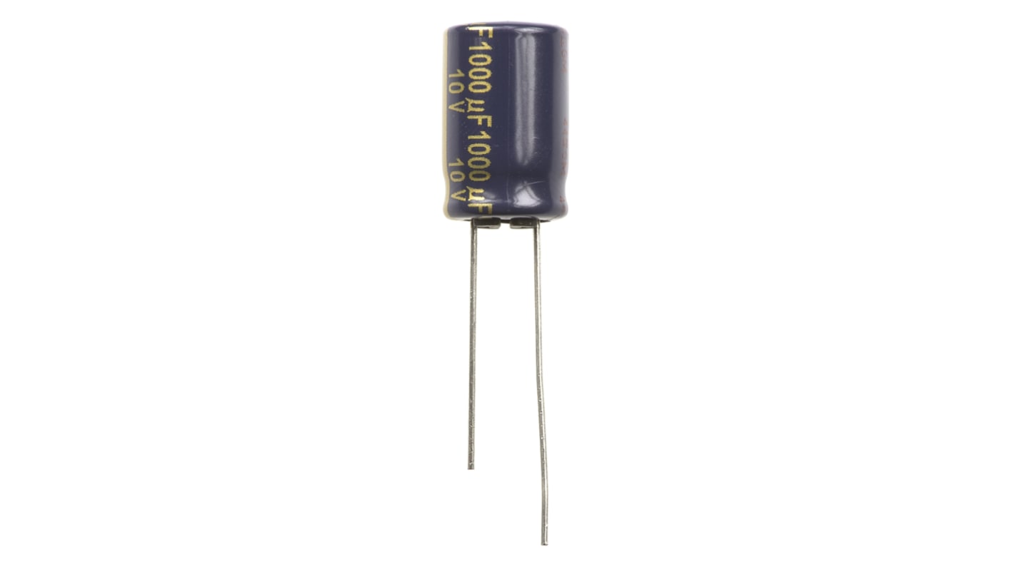 Condensador electrolítico Panasonic serie FC, 1000μF, ±20%, 10V dc, Radial, Orificio pasante, 10 (Dia.) x 16mm, paso 5mm
