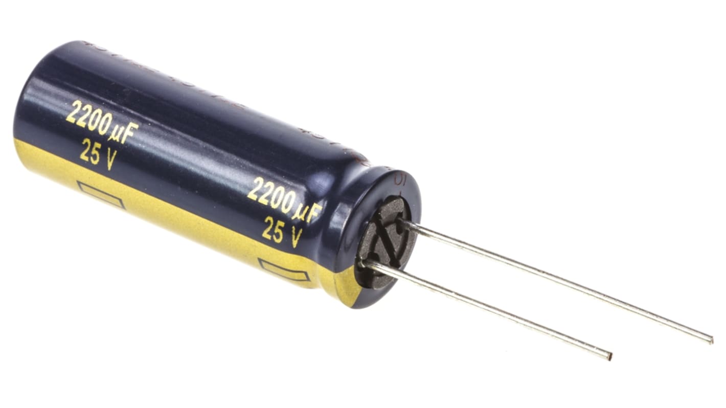 Panasonic 2200μF Aluminium Electrolytic Capacitor 25V dc, Radial, Through Hole - EEUFC1E222