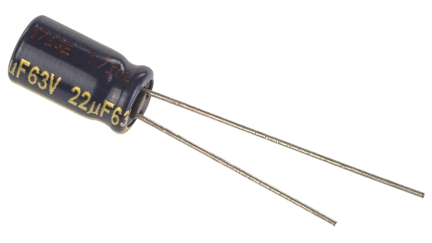 Panasonic 22μF Aluminium Electrolytic Capacitor 63V dc, Radial, Through Hole - EEUFC1J220