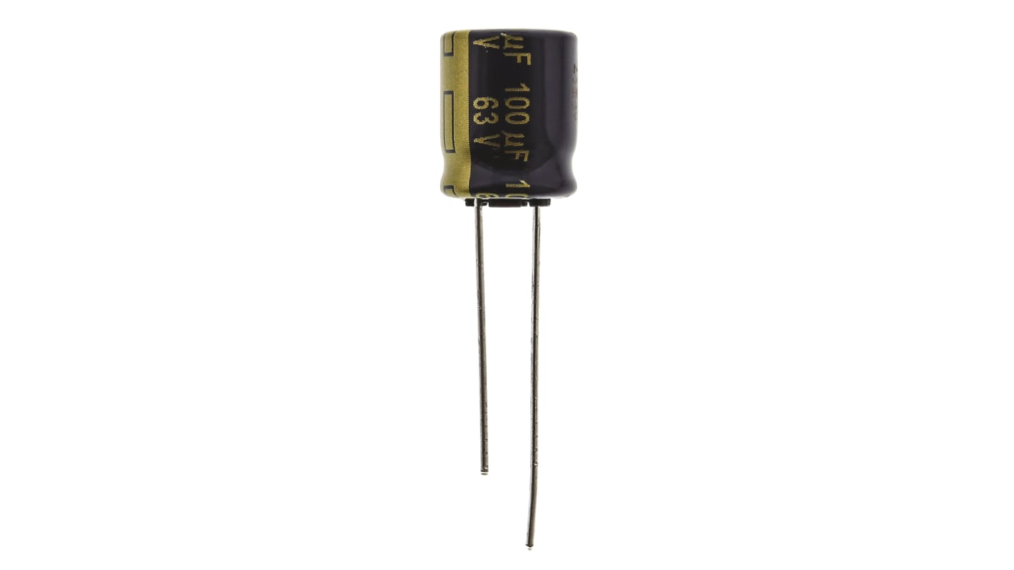 Panasonic 100μF Aluminium Electrolytic Capacitor 63V dc, Radial, Through Hole - EEUFC1J101