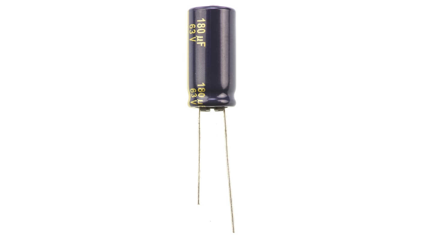 Panasonic , THT Aluminium-Elektrolyt Kondensator 180μF ±20% / 63V dc, Ø 10mm x 20mm, bis 105°C