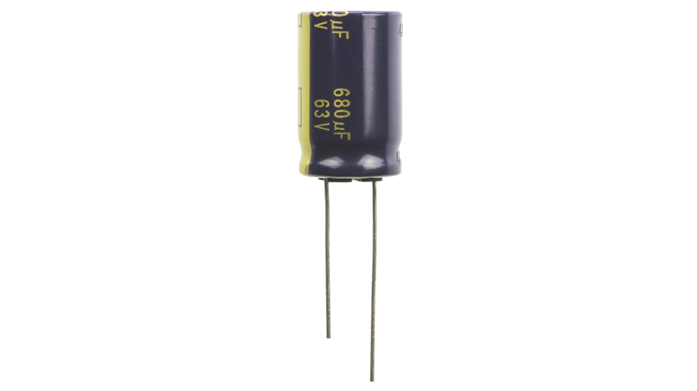 Condensador electrolítico Panasonic serie FC Radial, 680μF, ±20%, 63V dc, mont. pasante, 16 (Dia.) x 25mm, paso 7.5mm
