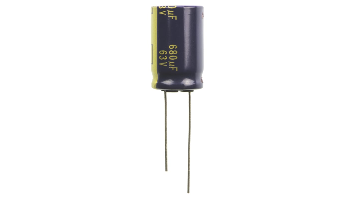 Panasonic, THT Elektrolyt Kondensator 680μF ±20% / 63V dc, Ø 16mm x 25mm, bis 105°C