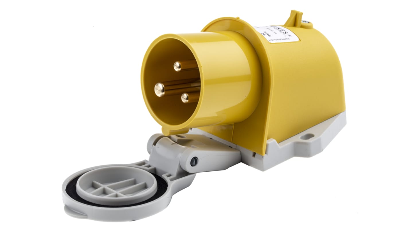 MENNEKES IP44 Yellow Wall Mount 3P Right Angle Industrial Power Plug, Rated At 16A, 110 V