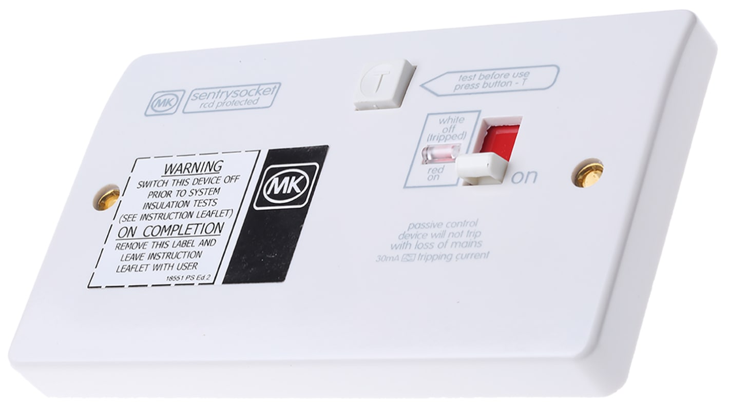 MK Electric Logic Plus 13A, BS Fixing, Passive, Single Gang RCD Socket, Flush Mount, Switched, IP2XD, 250 V ac, White