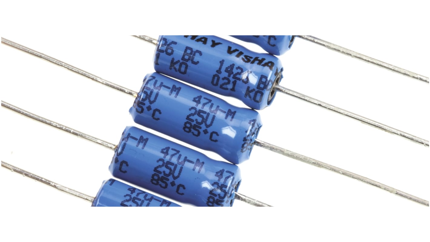 Vishay Aluminium Electrolytic Capacitor 47μF 25V dc 4.5mm Axial 021 ASM Series, Through Hole Electrolytic, ±20%