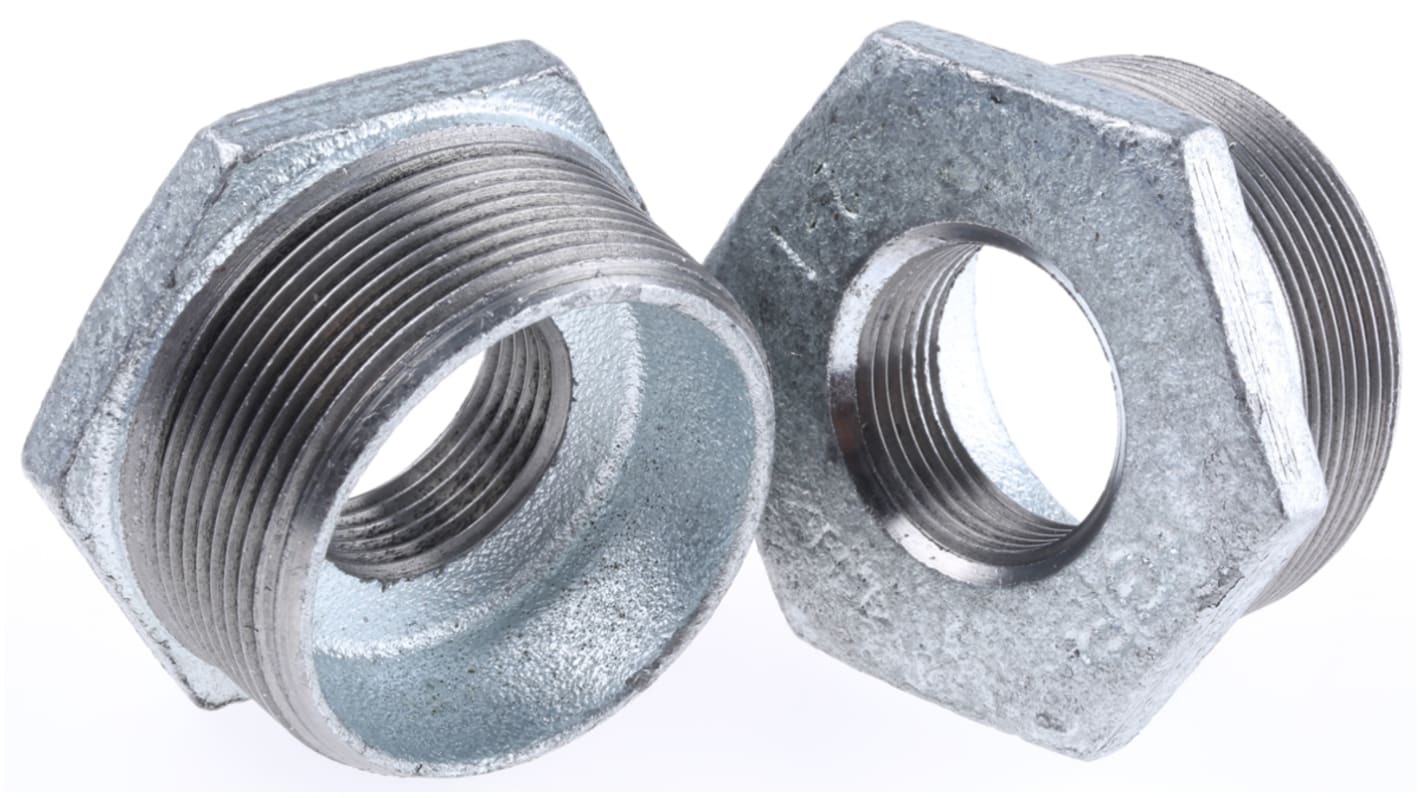 Georg Fischer Galvanised Malleable Iron Fitting, Straight Reducer Bush, Male BSPT 2in to Female BSPP 1in