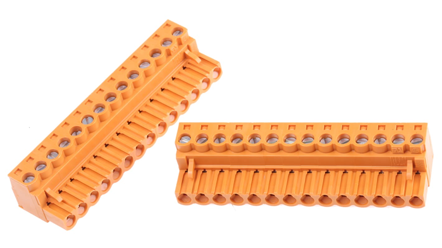 Borne enchufable para PCB Hembra Ángulo de 90° Weidmuller de 14 vías , paso 5.08mm, 15A, de color Naranja, montaje de