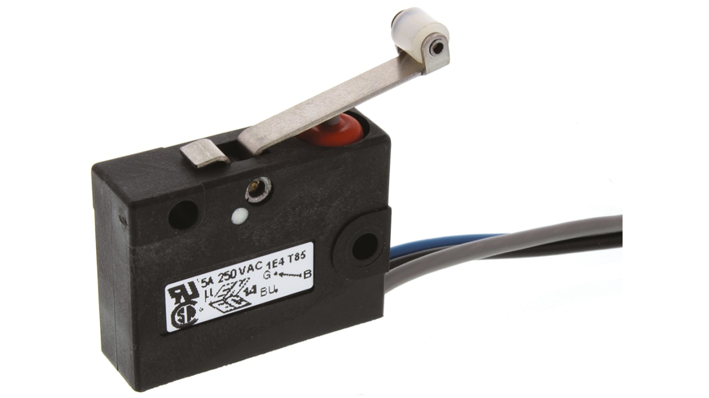 Saia-Burgess Roller Lever Micro Switch, Pre-wired Terminal, 5 A @ 250 V ac, SPDT, IP67