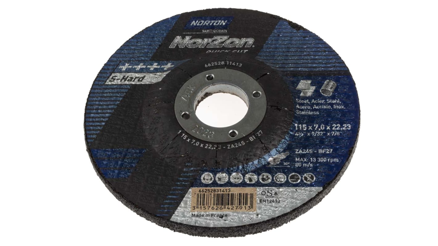 Disco de desbaste de Zirconio Norton, P24, Ø 115mm x 7mm, RPM máx. 13300rpm