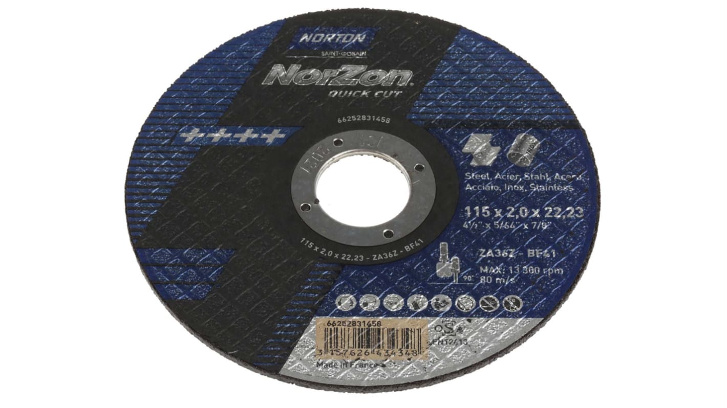 Norton Cutting Disc Zirconium Cutting Disc, 115mm x 2mm Thick, P36 Grit, Norton Norzon Quick Cut, 5 in pack