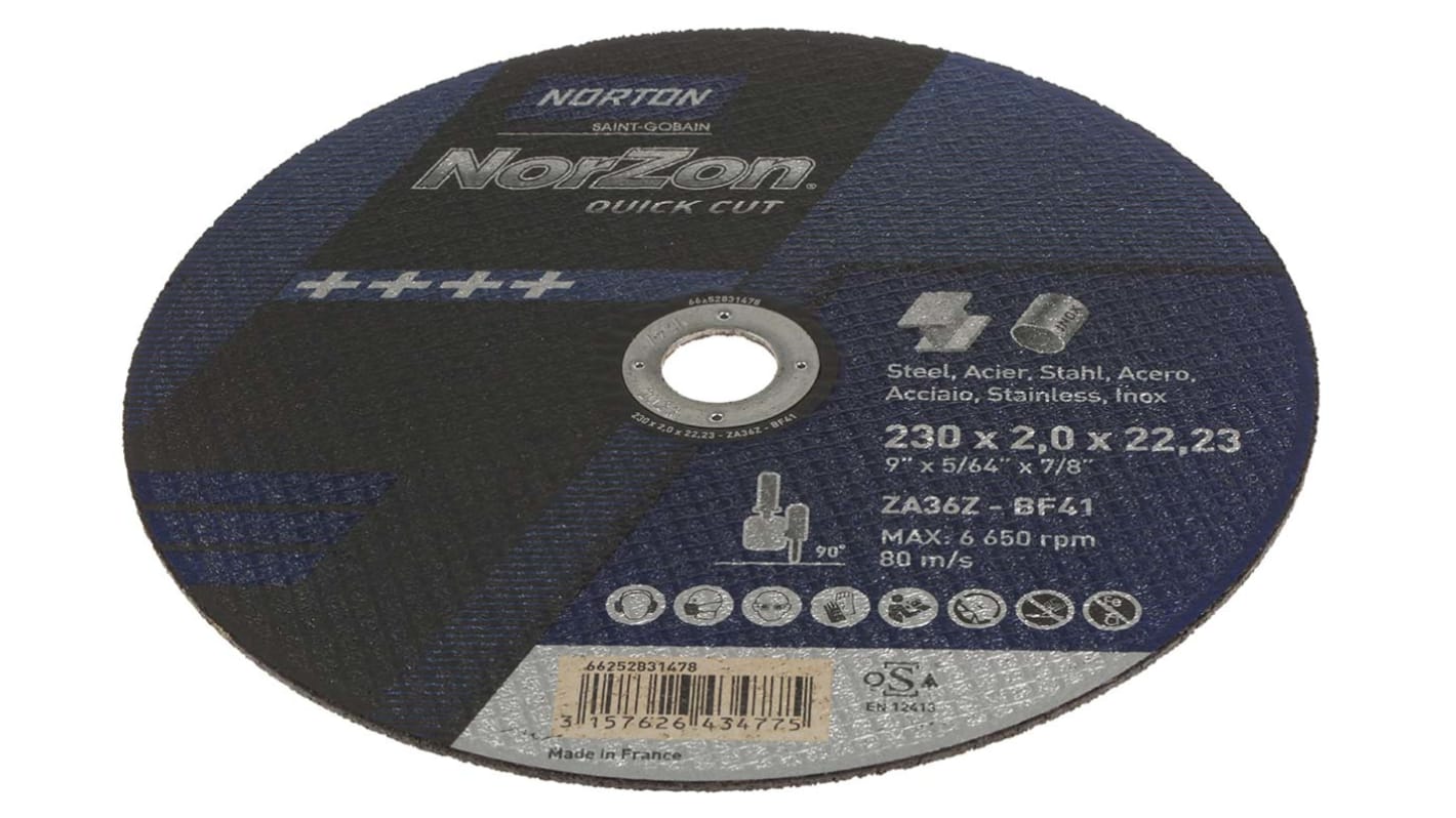 Norton Cutting Disc Zirconium Cutting Disc, 230mm x 2mm Thick, P36 Grit, Norton Norzon Quick Cut, 5 in pack
