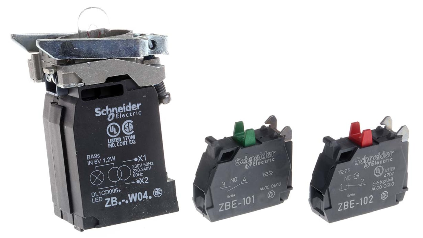 Blocco contatti luminoso con supporto Schneider Electric, 1 NA + 1 NC, 230V ca, terminali a A vite