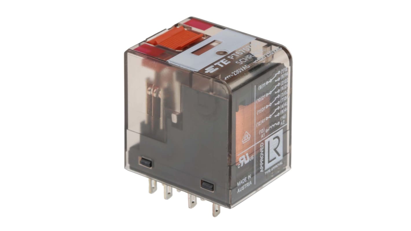 TE Connectivity PCB Mount Power Relay, 230V ac Coil, 6A Switching Current, 4PDT