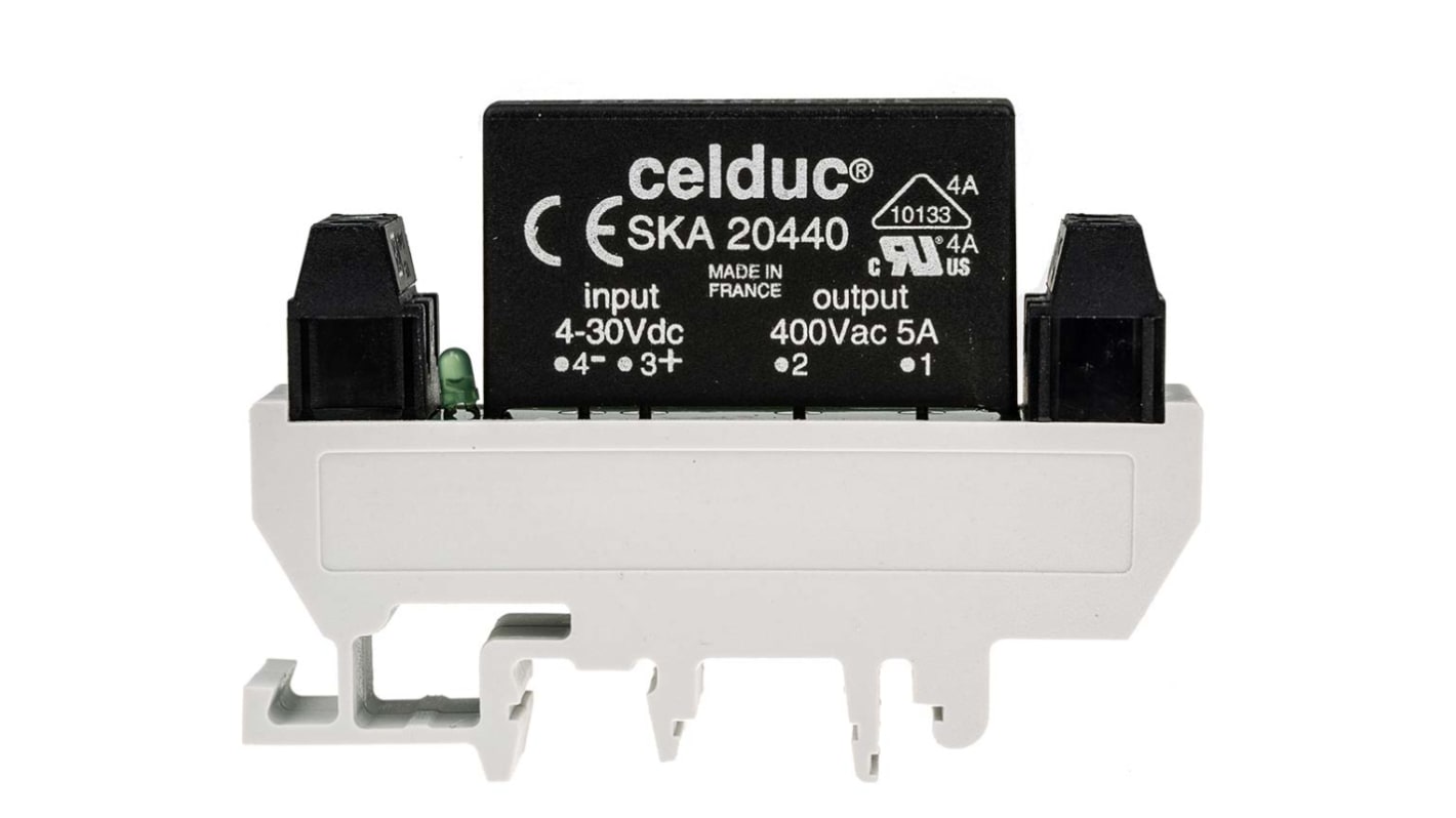 Relè di interfaccia a stato solido Celduc, Guida DIN, 240V ca/cc, 5 A, 440 V rms