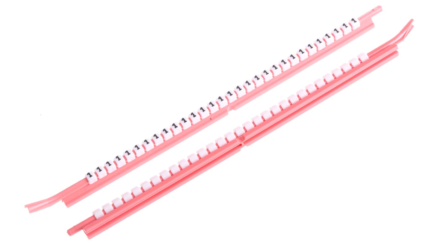 SES Sterling PLIOSNAP+ Slide On Cable Markers, White, Pre-printed "-, +, 0 → 9, E, L, N, R, S, T", 2.6 →