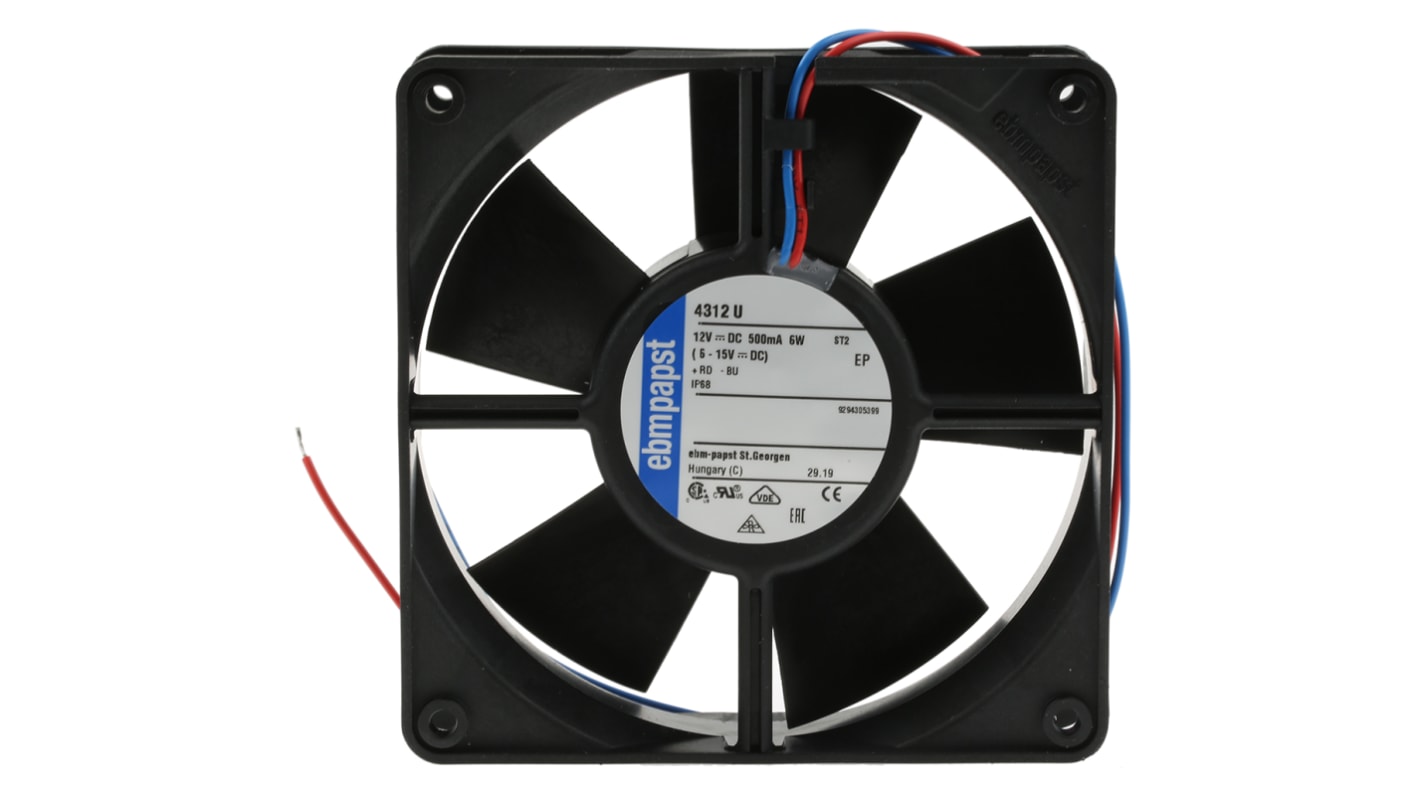 ebm-papst 4300 Series Axial Fan, 12 V dc, DC Operation, 170m³/h, 5W, 417mA Max, IP68, 119 x 119 x 32mm