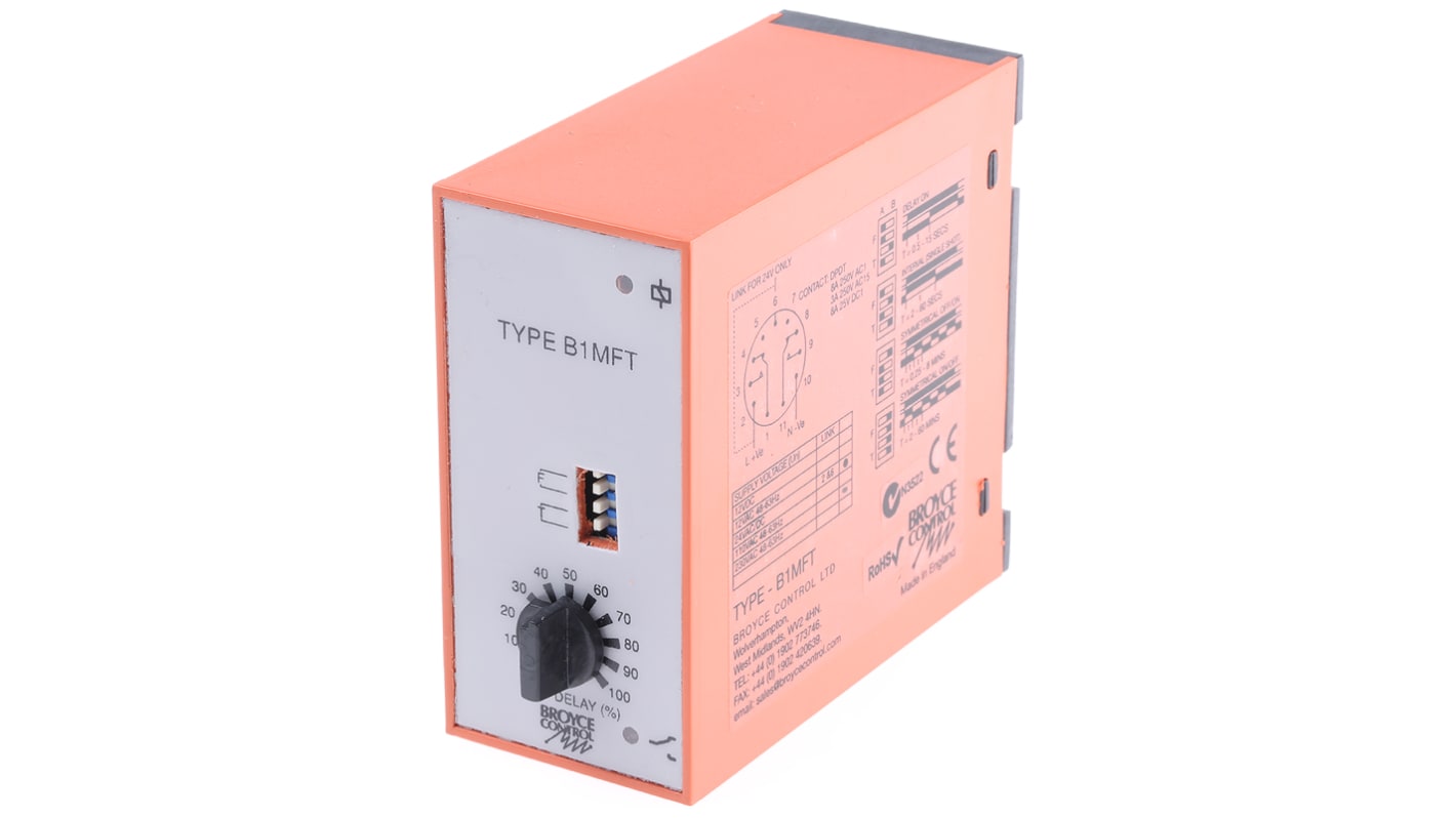 Broyce Control B1MFT Series Plug In Timer Relay, 24V ac, 2-Contact, 0.25 → 60 min, 0.5 → 60s, DPDT