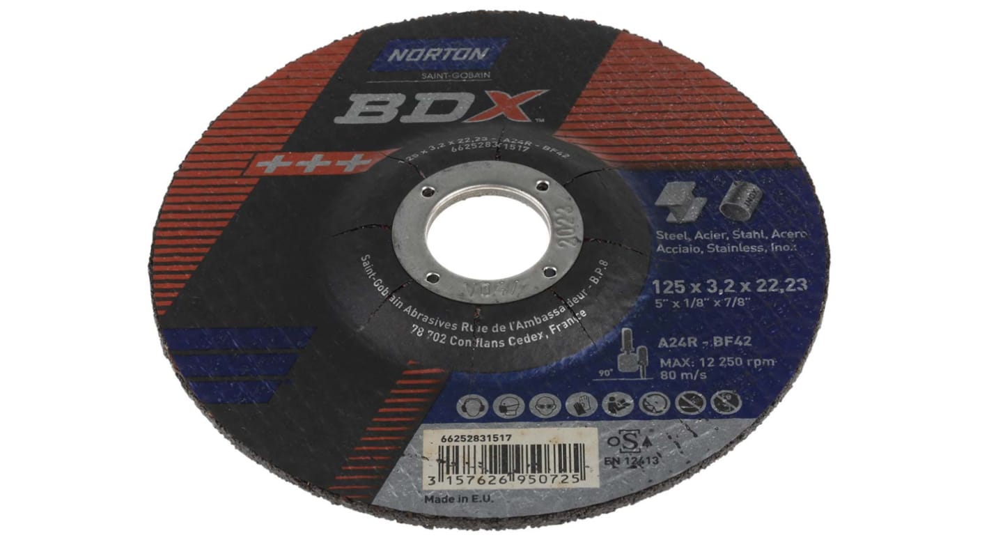 Norton Cutting Disc Aluminium Oxide Cutting Disc, 125mm x 3.2mm Thick, P24 Grit, BDX, 5 in pack