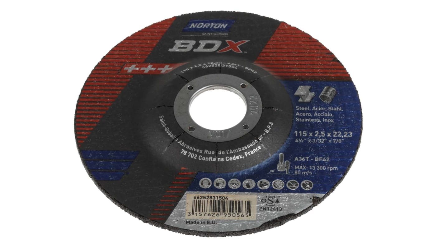 Norton Cutting Disc Aluminium Oxide Cutting Disc, 115mm x 2.5mm Thick, P36 Grit, BDX, 5 in pack