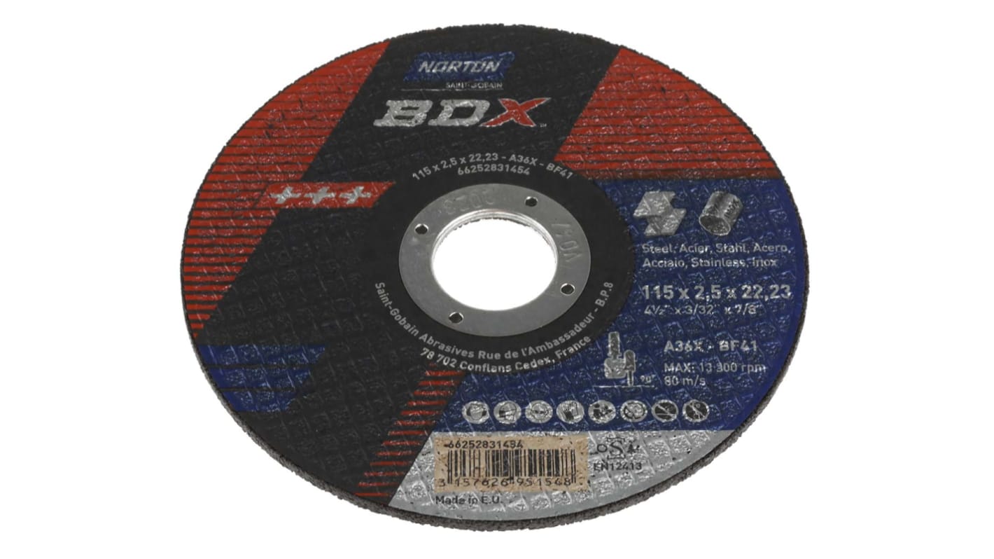 Norton Cutting Disc Aluminium Oxide Cutting Disc, 115mm x 2.5mm Thick, P36 Grit, BDX, 5 in pack