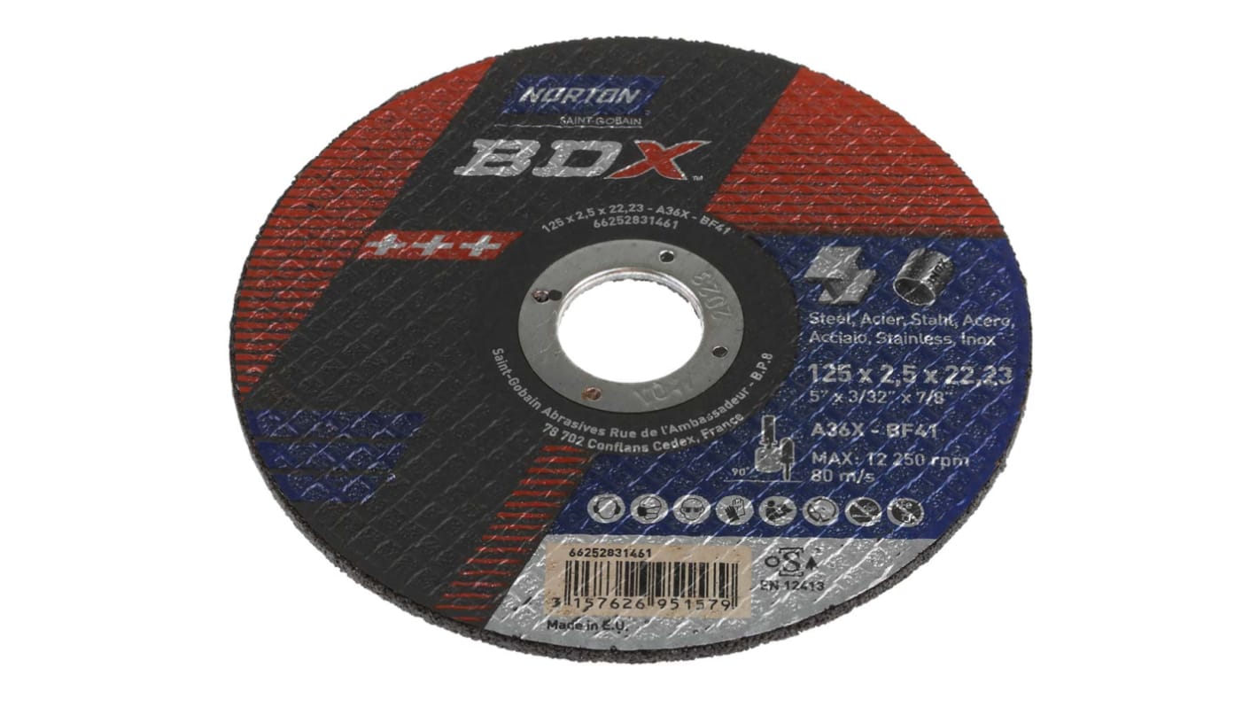 Norton Cutting Disc Aluminium Oxide Cutting Disc, 125mm x 2.5mm Thick, P36 Grit, BDX, 5 in pack