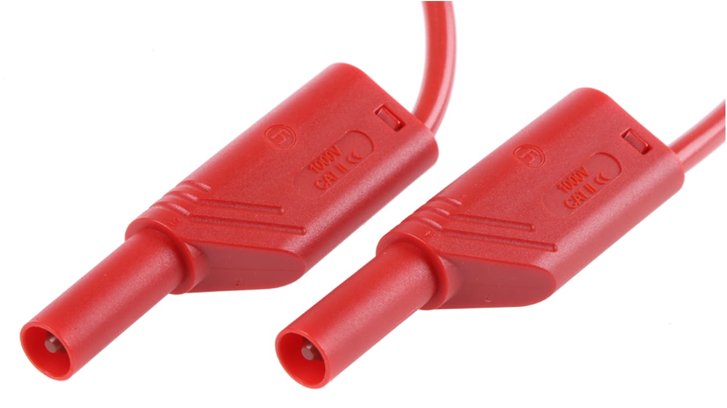 Cable de prueba con conector de 4 mm  Hirschmann de color Rojo, Macho-Macho, 1000V ac/dc, 16A, 250mm