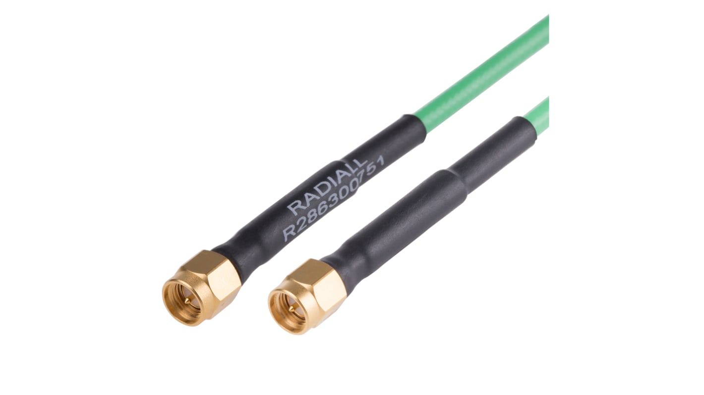 Cable coaxial Radiall, 50 Ω, con. A: SMA, Macho, con. B: SMA, Macho, long. 500mm Verde