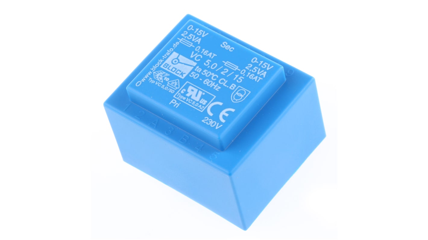 Block 基板実装用トランス 一次側：230V ac 二次側：15V ac 定格電力：5VA, VC 5/2/15 出力数：2