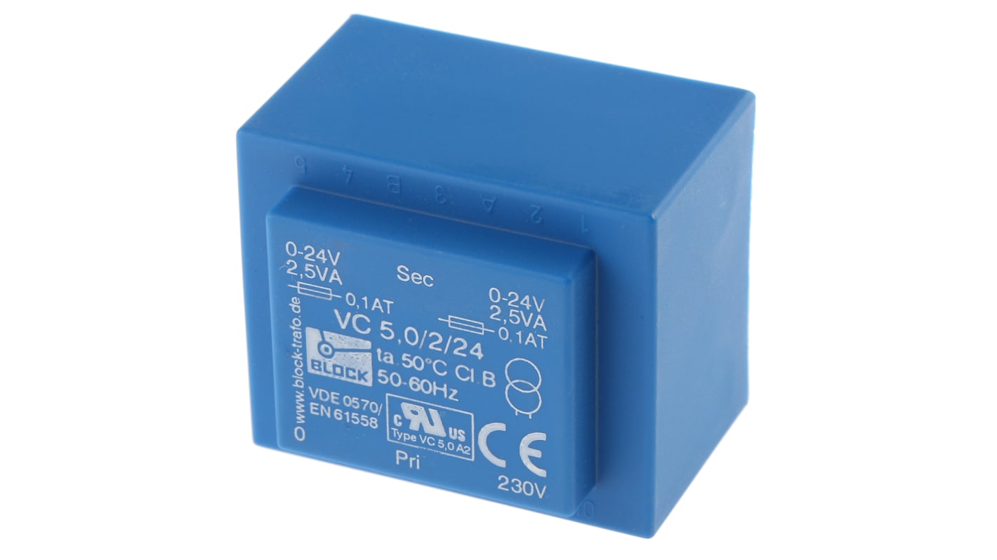 Block Printtrafo, Trafo 230V ac / 24V ac 5VA 2 Ausg. 44mm x 33mm x 37mm 190g Durchsteckmontage