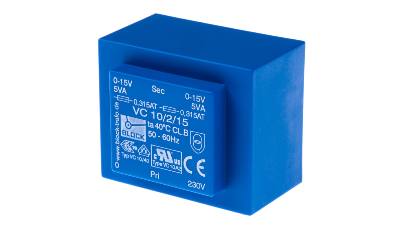 Block Printtrafo, Trafo 230V ac / 15V ac 10VA 2 Ausg. 51mm x 34.6mm x 43mm 280g Durchsteckmontage