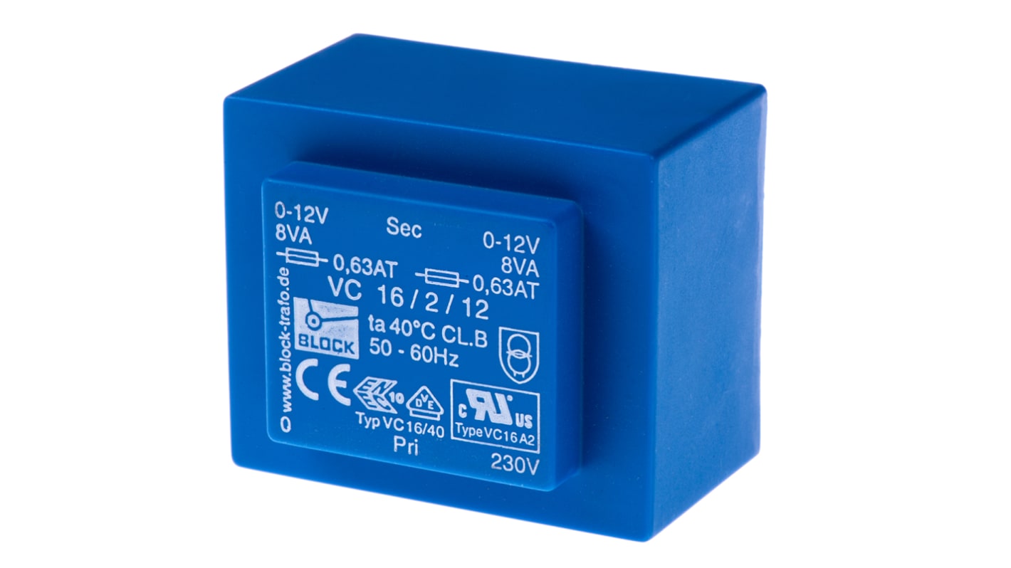 Block Printtrafo, Trafo 230V ac / 12V ac 16VA 2 Ausg. 57mm x 39mm x 48mm 420g Durchsteckmontage