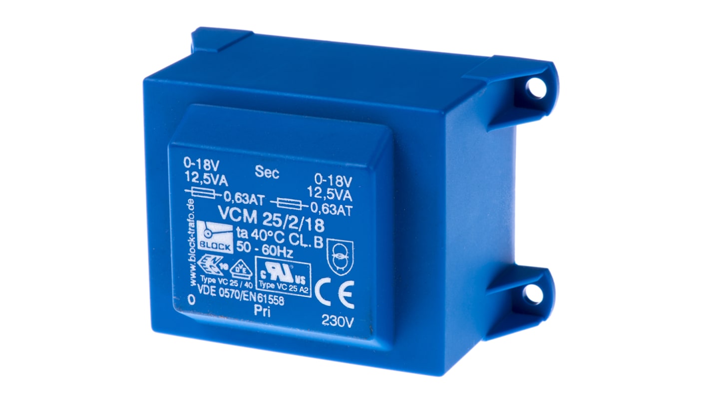 Transformateur pour circuit imprimé Block, 18V c.a., 230V c.a., 25VA, 2 sorties