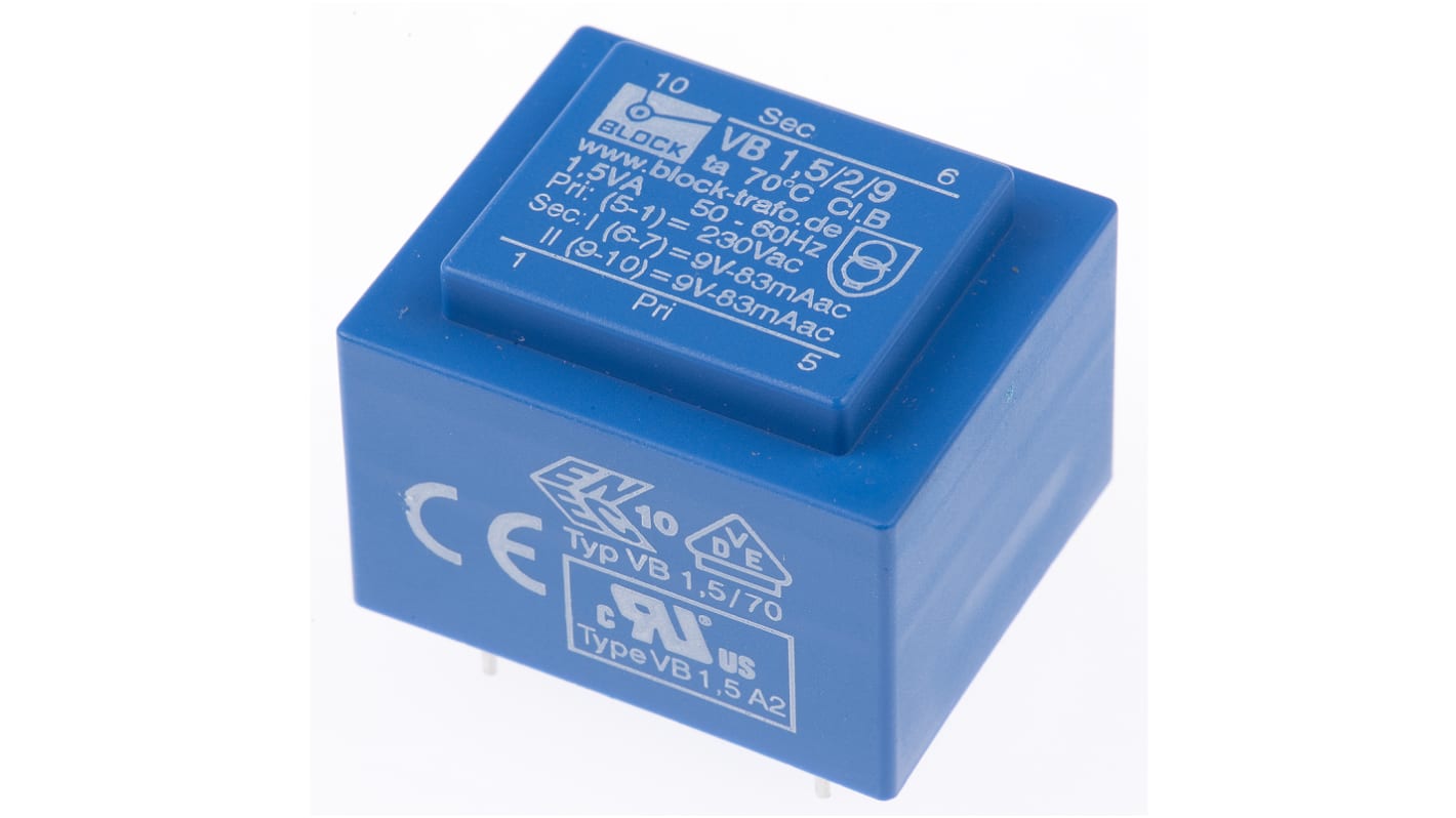 Block 基板実装用トランス 一次側：230V ac 二次側：9V ac 定格電力：1.5VA, VB 1.5/2/9 出力数：2