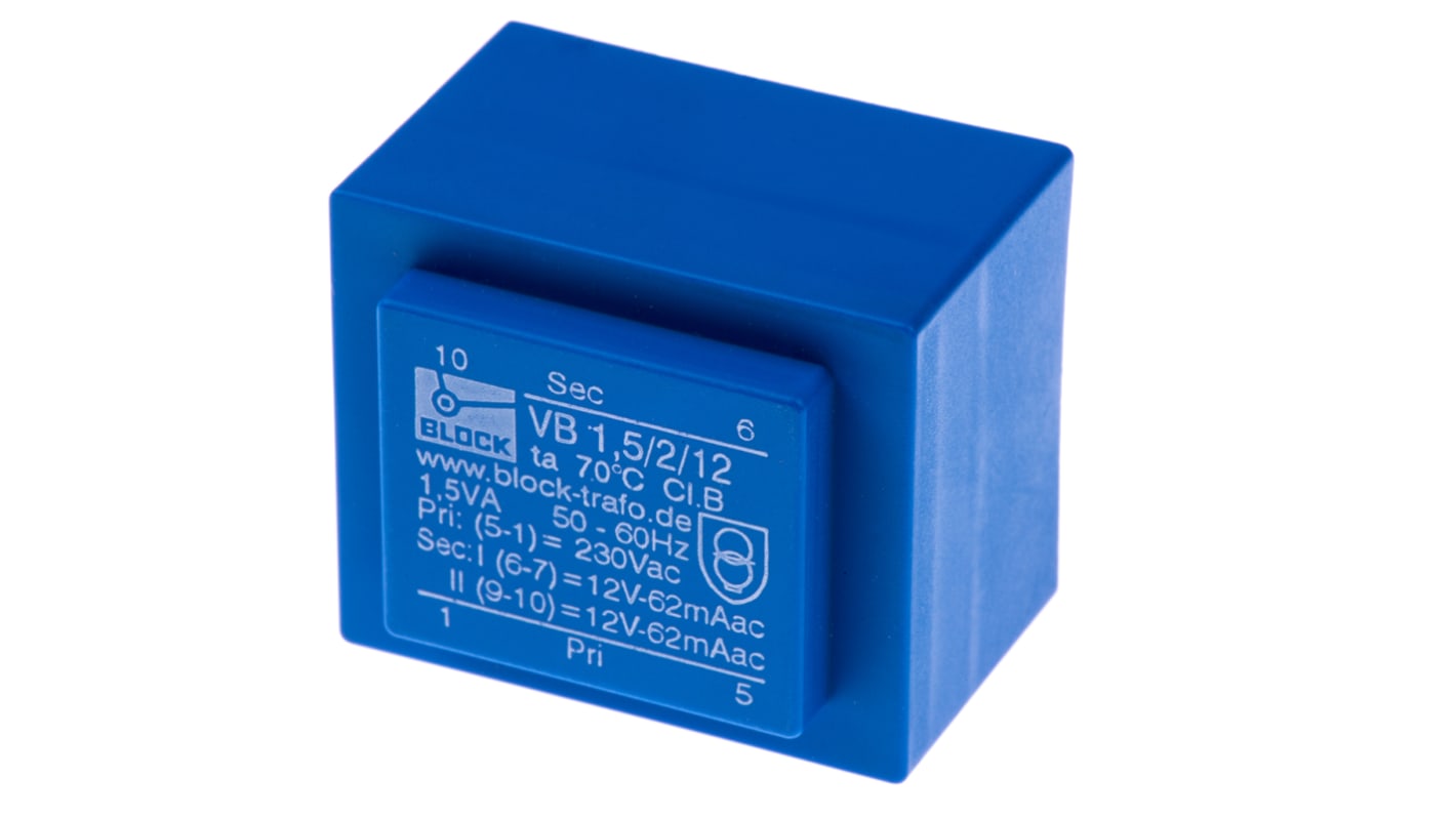 Block Printtrafo, Trafo 230V ac / 12V ac 1.5VA 2 Ausg. 32.3mm x 21.8mm x 27.3mm 84g Durchsteckmontage