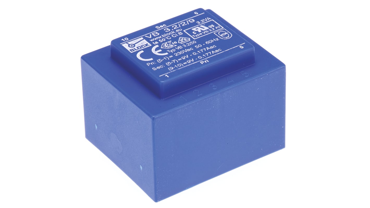 Block Printtrafo, Trafo 230V ac / 9V ac 3.2VA 2 Ausg. 41mm x 30.8mm x 35mm 173g Durchsteckmontage