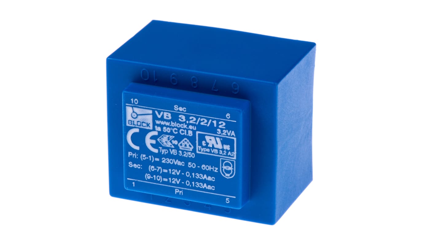 Block Printtrafo, Trafo 230V ac / 12V ac 3.2VA 2 Ausg. 41mm x 30.8mm x 35mm 173g Durchsteckmontage