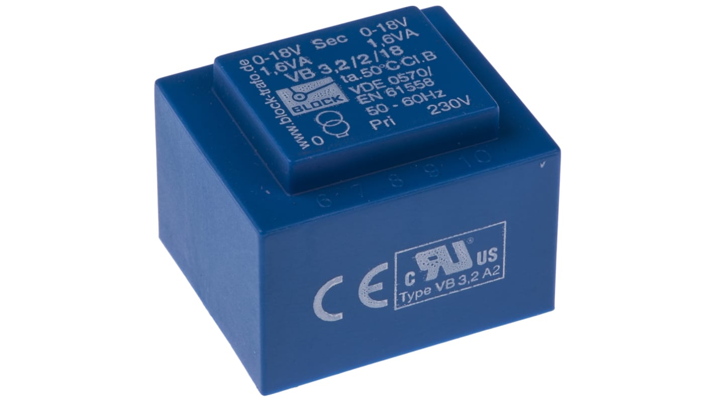 Block Printtrafo, Trafo 230V ac / 18V ac 3.2VA 2 Ausg. 41mm x 30.8mm x 35mm 173g Durchsteckmontage