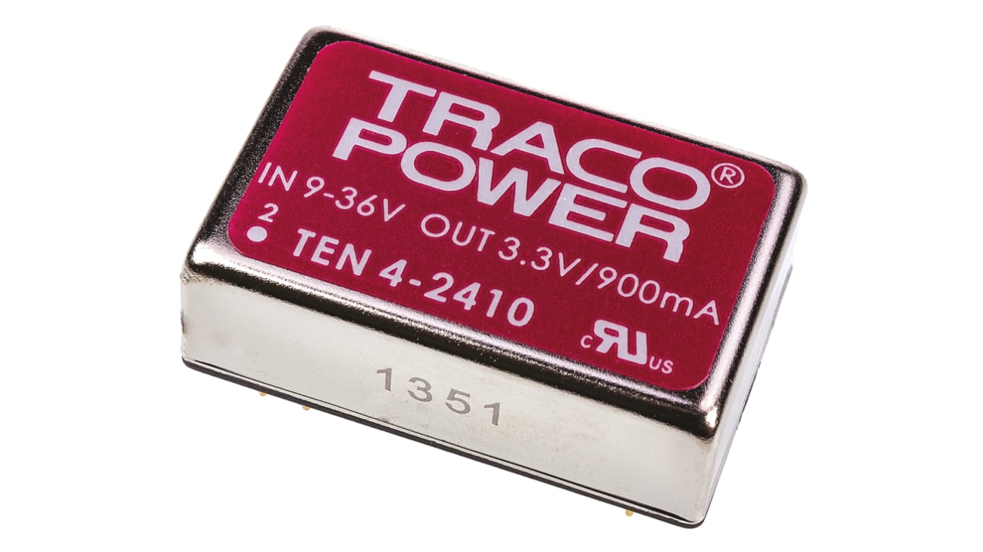 TRACOPOWER TEN 4 DC-DC Converter, 3.3V dc/ 900mA Output, 9 → 36 V dc Input, 4W, Through Hole, +75°C Max Temp