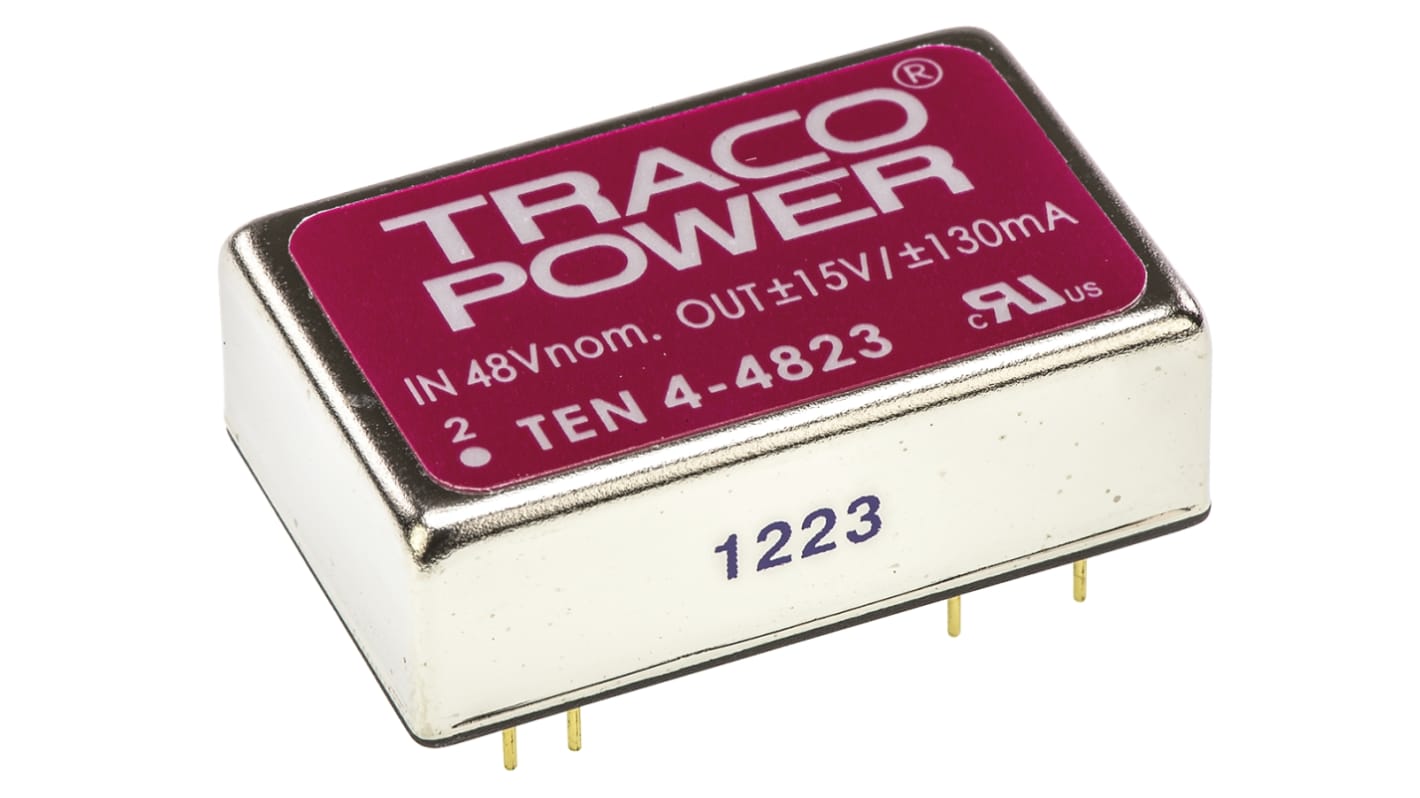 TRACOPOWER TEN 4 DC-DC Converter, ±15V dc/ ±130mA Output, 18 → 72 V dc Input, 4W, Through Hole, +75°C Max Temp