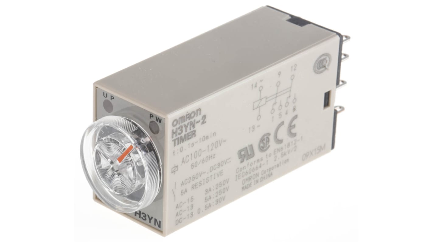 Omron H3YN Zeitrelais, DIN-Schiene, Tafelmontage, 0.1 s → 10min, 100 → 120V ac, 2 Kont. Multifunktion