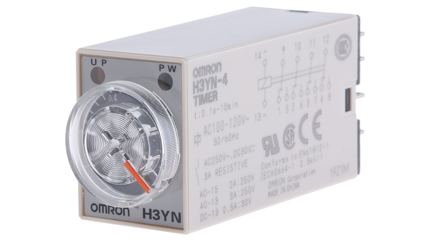 Omron H3YN Zeitrelais, DIN-Schiene, Tafelmontage, 0.1 s → 10min, 100 → 120V ac, 4 Kont. Multifunktion