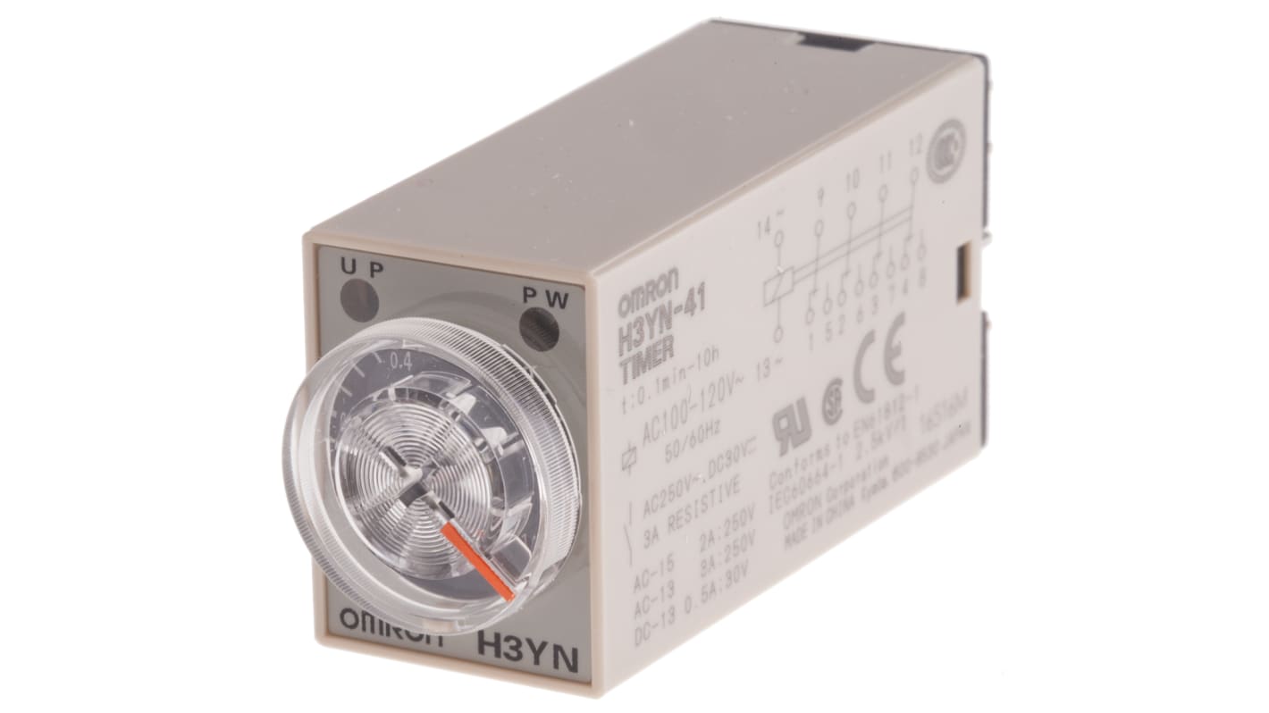 Omron H3YN Zeitrelais, DIN-Schiene, Tafelmontage, 0.1 min → 10h, 100 → 120V ac, 4 Kont. Multifunktion